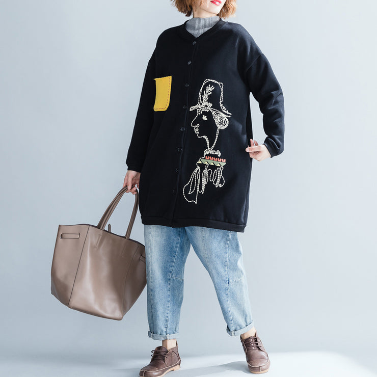 Stilvolles schwarzes Baumwolloberteil Oversize-Baumwoll-O-Ausschnitt mit natürlichem Pullover-Print Button-Down-T-Shirt