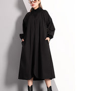 stilvolles schwarzes Herbstkleid plus Größenkleidung Rollkragen-Maxikleid aus Baumwollmischung Vintage-Vorderseite offen falsche zweiteilige Kaftane aus Baumwollmischung