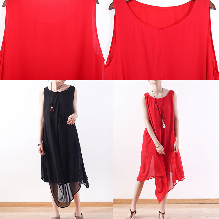 stylish black natural chiffon dress plus size asymmetric hem chiffon casual sleeveless dresses