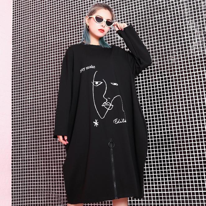 Stilvolles, schwarzes, natürliches, übergroßes Leinen-Baumwollkleid mit Reißverschluss, Baggy-2018-Midikleid mit O-Ausschnitt