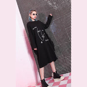Stilvolles, schwarzes, natürliches, übergroßes Leinen-Baumwollkleid mit Reißverschluss, Baggy-2018-Midikleid mit O-Ausschnitt