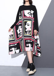 stilvolles schwarzes Seiden-Baumwoll-Mischkleid lässig O-Ausschnitt asymmetrisches Design Kleid lässige Patchwork-Baggy-Kleider
