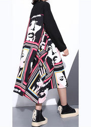 stilvolles schwarzes Seiden-Baumwoll-Mischkleid lässig O-Ausschnitt asymmetrisches Design Kleid lässige Patchwork-Baggy-Kleider
