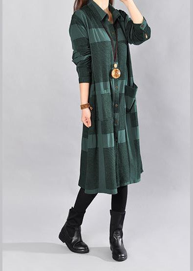 stilvolles schwarzgrünes Midi-Baumwollkleid trendiges Freizeitkleid in Übergröße Damen Langarm kariertes Baumwollhemdkleid