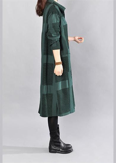 stylish blackish green Midi-length cotton dress trendy plus size casual dress women long sleeve plaid cotton shirt dress