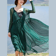 stilvolle schwarzgrüne Seidenkaftane plus Größe V-Ausschnitt Maxikleid aus Seide Boutique Langarm Baggy Kleider großer Saum lange Kleider