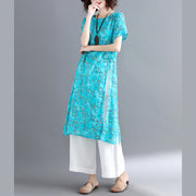stylish blue cotton linen dresses Loose fitting short sleeve long cotton dresses vintage o neck traveling dress