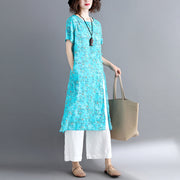 stylish blue cotton linen dresses Loose fitting short sleeve long cotton dresses vintage o neck traveling dress