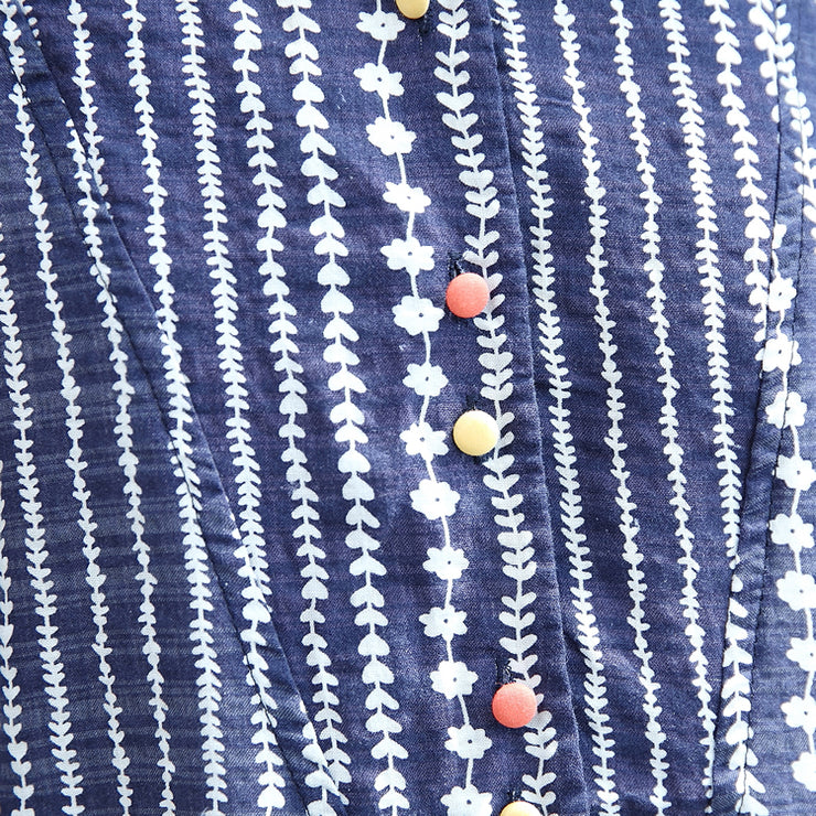 stylish blue floral Midi-length cotton dress plus size clothing cotton maxi dress Fine short sleeve pockets Stand baggy dresses