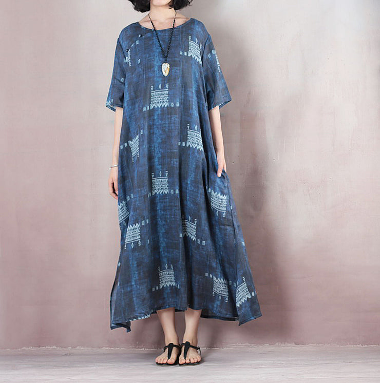 stylish blue linen dresses trendy plus size o neck Extra large hem caftans 2018 short sleeve baggy dresses caftans