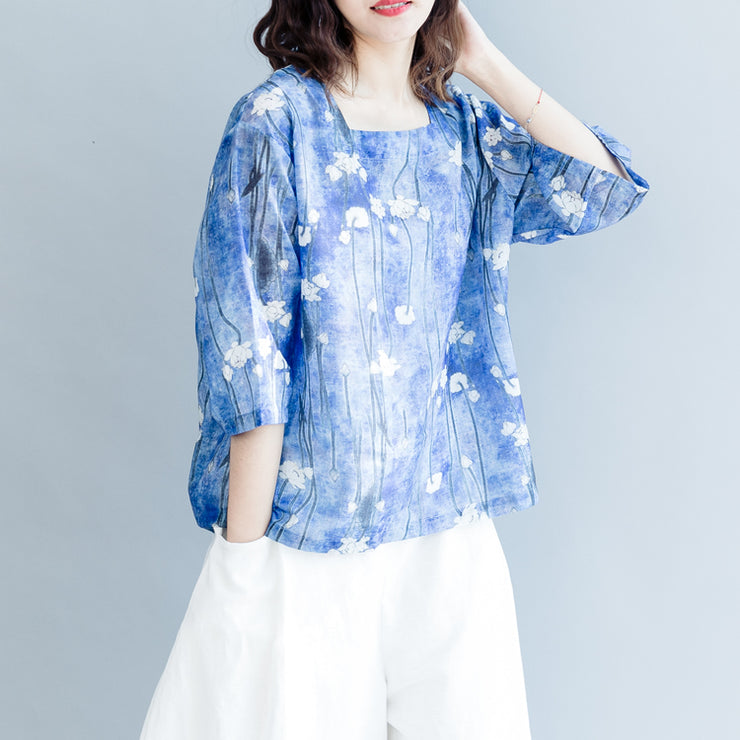 stylish blue print cotton linen Vest Loose fitting casual women Half sleeve Square Collar cotton linen tops