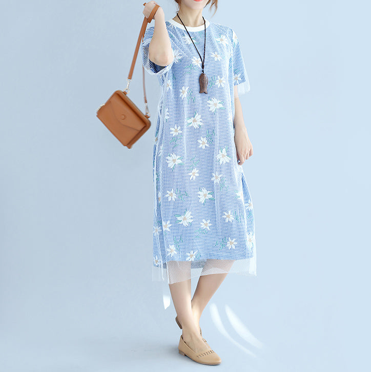stilvolle blau gestreifte Baumwollkleider übergroßes Baumwollkleidungskleid 2018 Kurzarmdruck-Baumwollkleid