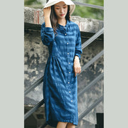 stylish blue striped oversized casual dress pockets Fine stand collar natural linen dress