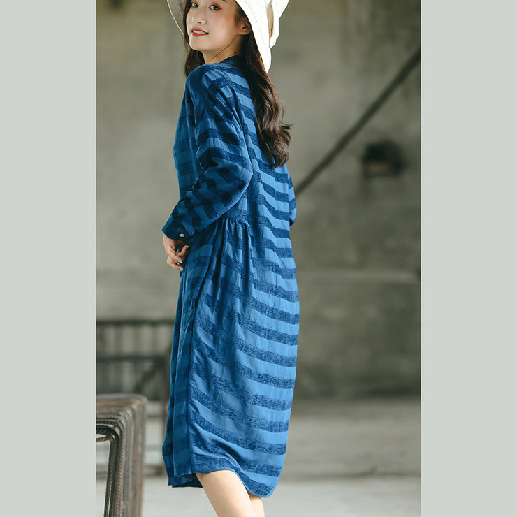 stylish blue striped oversized casual dress pockets Fine stand collar natural linen dress