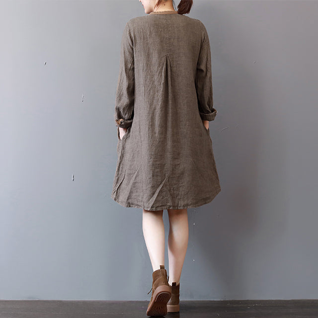 Stilvolles Schokoladen-Leinen-Hemdkleid plus Größe Reisekleidung Langarm lässige Kleider mit O-Ausschnitt