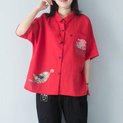 stylische Baumwollbluse plus Größe mit Polokragen, einreihige, rote Bluse mit 12 Ärmeln