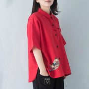 stylish cotton blouse plus size polo Collar Single Breasted 12 Sleeve Red Blouse