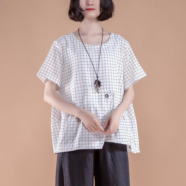 stilvolles Baumwollsommeroberteil plus Größenkleidung Kurzarm-Plaid-Sommer-beiläufige weiße Frauen-Oberteile