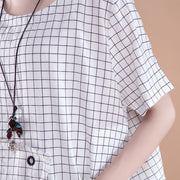 stylish cotton summer top plus size clothing Short Sleeve Plaid Summer Casual White Women Tops