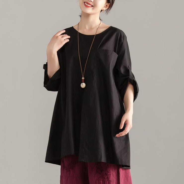 stylish cotton summer topLoose fitting Casual Short Sleeve Black Pocket Long Tops