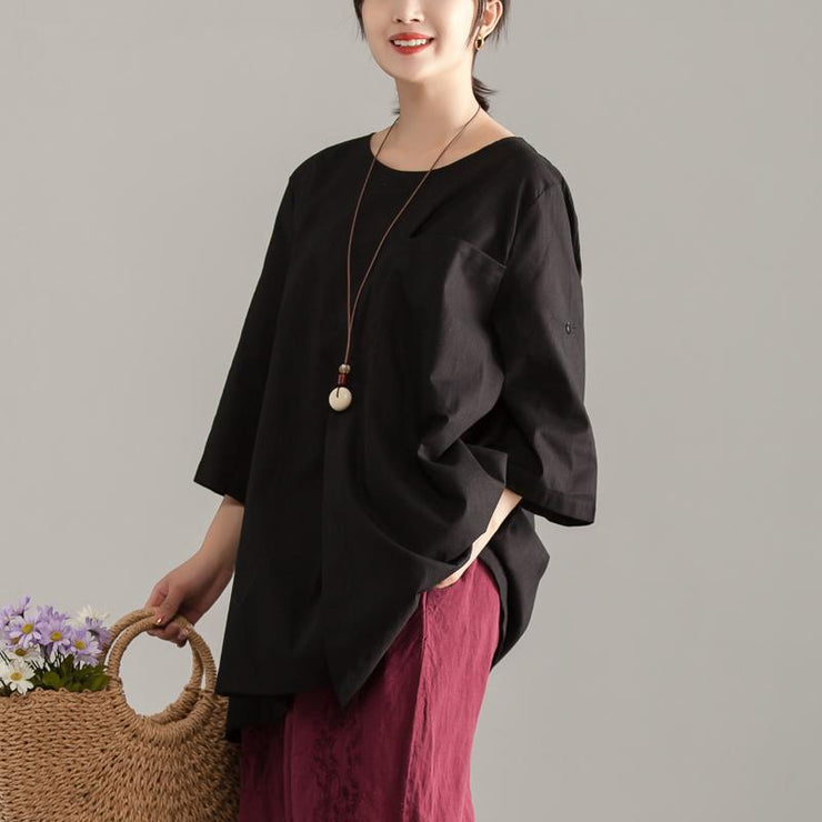 stylish cotton summer topLoose fitting Casual Short Sleeve Black Pocket Long Tops