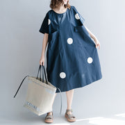 stilvolles dunkelblaues gepunktetes Kleid aus natürlicher Baumwolle lässige Urlaubskleider Vintage-Kurzarm-O-Ausschnitt-Baggy-Kleider