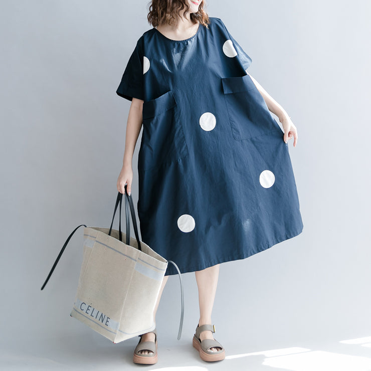 stilvolles dunkelblaues gepunktetes Kleid aus natürlicher Baumwolle lässige Urlaubskleider Vintage-Kurzarm-O-Ausschnitt-Baggy-Kleider