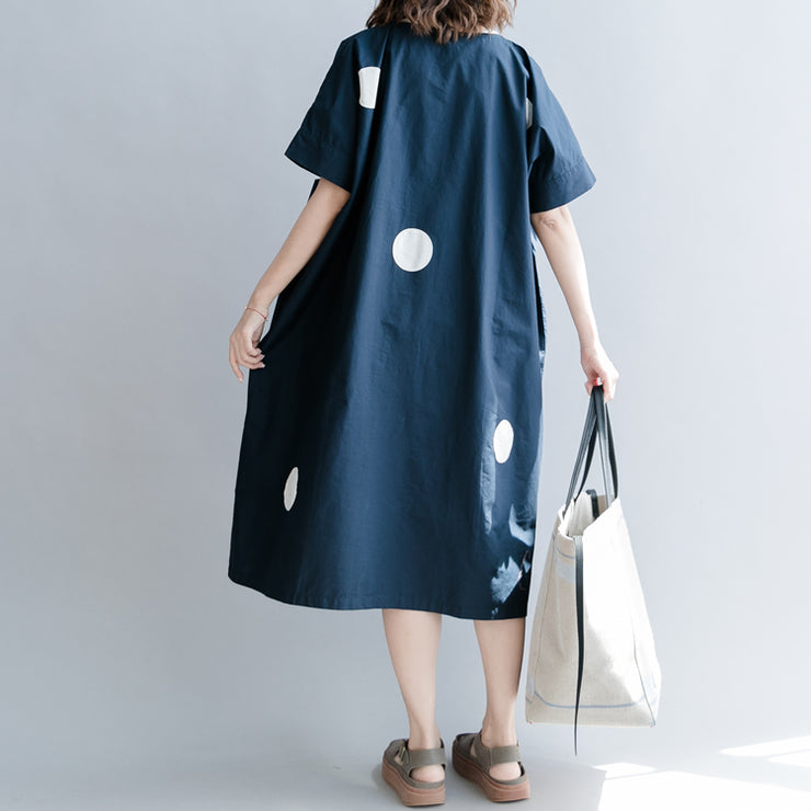 stylish dark blue dotted natural cotton dress casual holiday dresses vintage short sleeve O neck baggy dresses