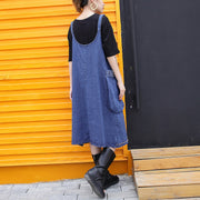 stylish denim blue Midi-length cotton dress Loose fitting cotton maxi dress Fine rivet decorated sleeveless knee dresses
