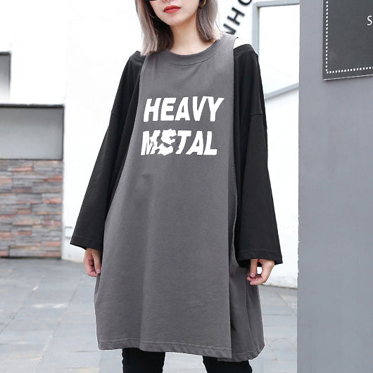 stylish gray cotton blended blouse oversized O neck holiday tops fine patchwork Fake two pieces cotton blended blouses