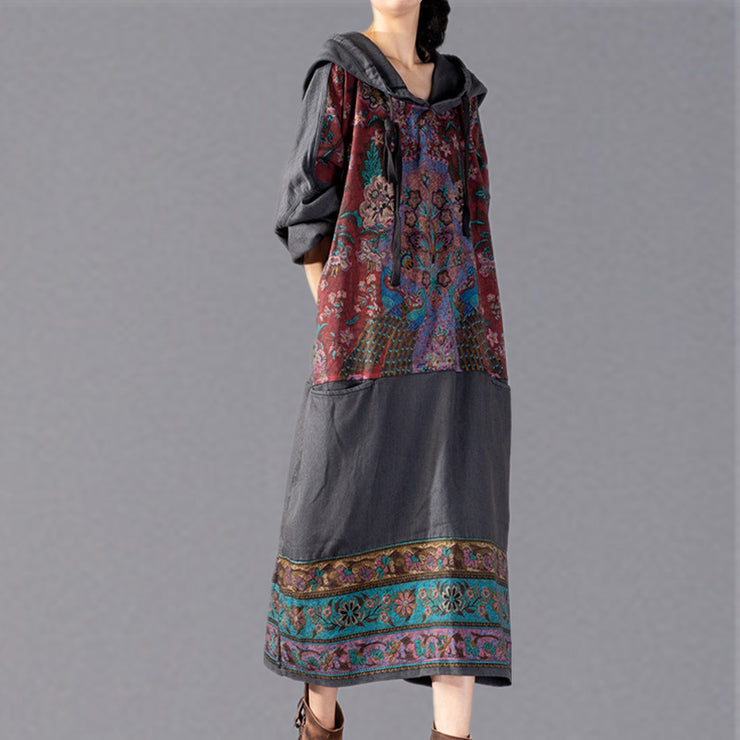 stylish gray print 2018 oversize Hooded baggy maxi dress Fine patchwork cotton dresses