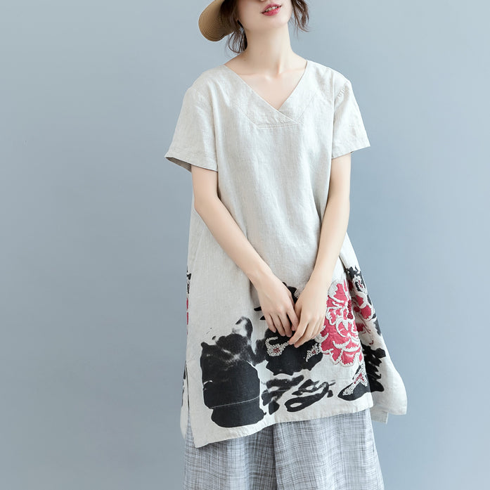 stylish khaki print linen dress plus size clothing v neck caftans 2018 Batwing Sleeve dresses