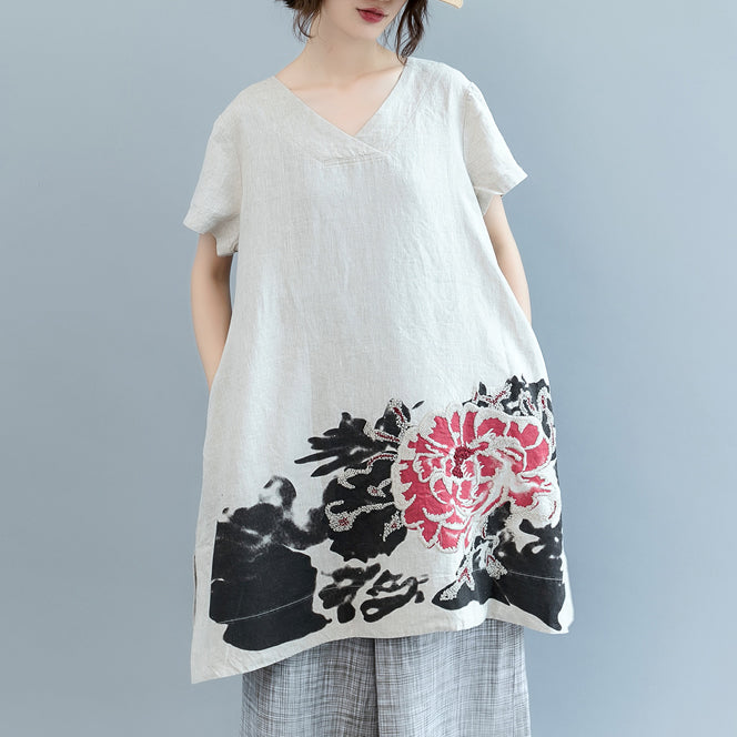 stylish khaki print linen dress plus size clothing v neck caftans 2018 Batwing Sleeve dresses