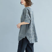 stylish linen cotton tops plus size clothing Summer Embroidery Short Sleeve Slit Blouse