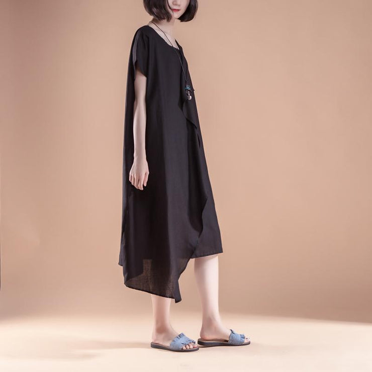 stylish linen summer dress casual Short Sleeve High-low Hem Summer Casual Black Dress
