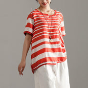 stylish linen tops over sized Red Stripe Short Sleeve Summer Casual Tops