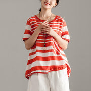 stylish linen tops over sized Red Stripe Short Sleeve Summer Casual Tops