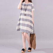 stylish long linen dresses plus size clothing Gray Stripe Short Sleeve Casual Cotton Flax Dress