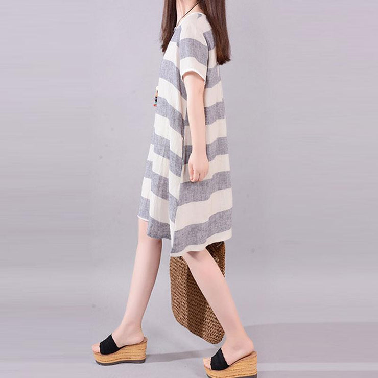 stylish long linen dresses plus size clothing Gray Stripe Short Sleeve Casual Cotton Flax Dress