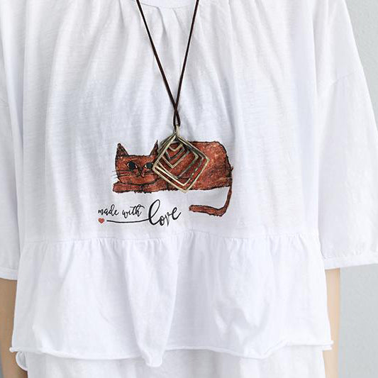stylish natural cotton t shirt Loose fitting Loose Women Cotton Round Neck Printed White Tops