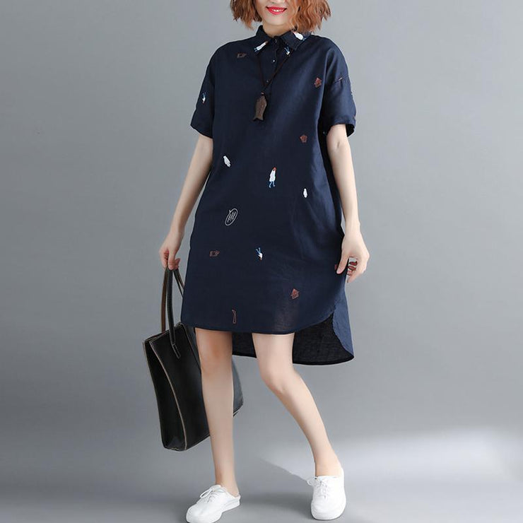 stylish navy pure linen dress trendy plus size linen maxi dress vintage short sleeve Turn-down natural linen dress