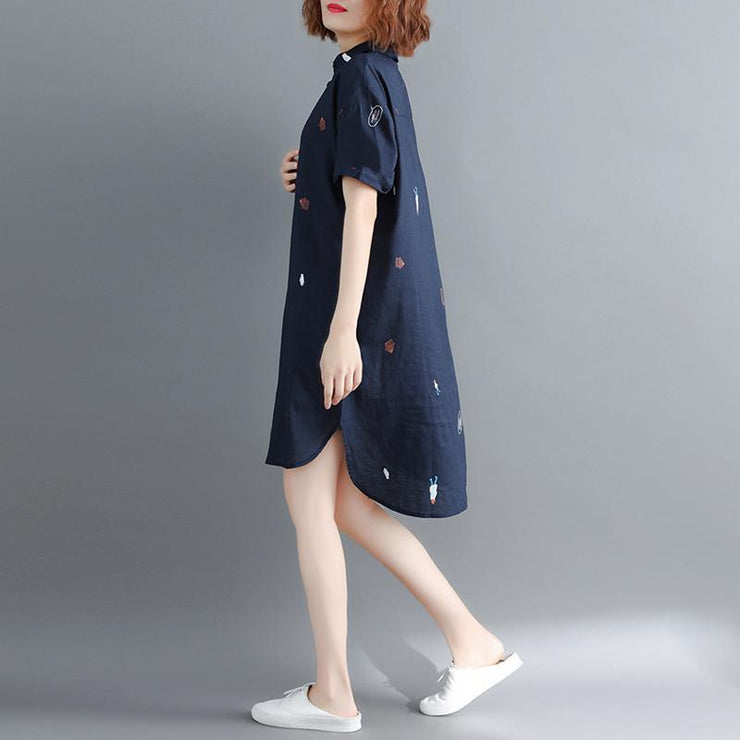 stilvolles marineblaues Kleid aus reinem Leinen trendiges Leinen-Maxikleid in Übergröße Vintage-Kurzarm Umlegekleid aus natürlichem Leinen