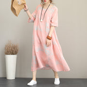 stylish pink prints long linen dresses oversize o neck linen clothing dresses casual half sleeve kaftans