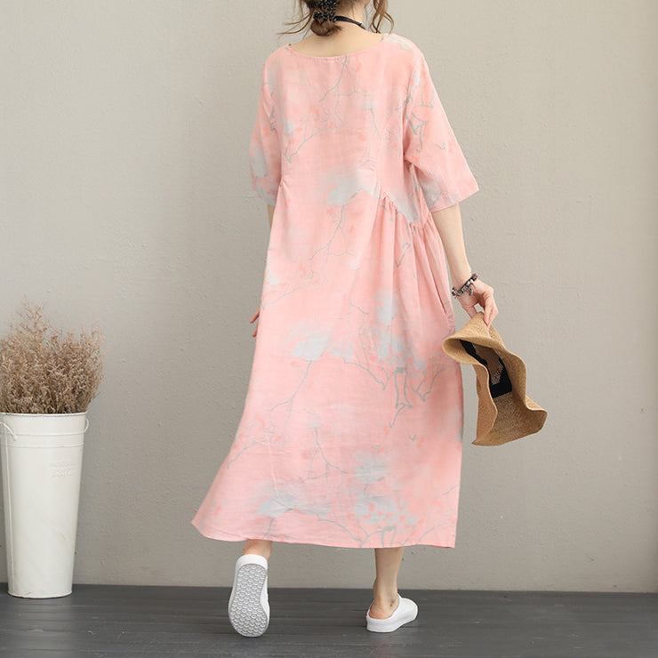 stylish pink prints long linen dresses oversize o neck linen clothing dresses casual half sleeve kaftans