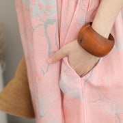 stilvolle rosa Drucke lange Leinenkleider übergroße Leinenkleidung mit O-Ausschnitt Kleider lässige Kaftane mit halben Ärmeln