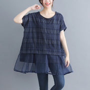 stylish plaid grid cotton linen tops trendy plus size holiday tops elegant o neck Batwing Sleeve patchwork midi tops