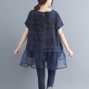 stylish plaid grid cotton linen tops trendy plus size holiday tops elegant o neck Batwing Sleeve patchwork midi tops