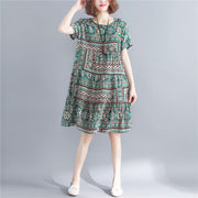 stylish print cotton linen dresses plus size short sleeve baggy dresses Fine o neck cotton linen dresses