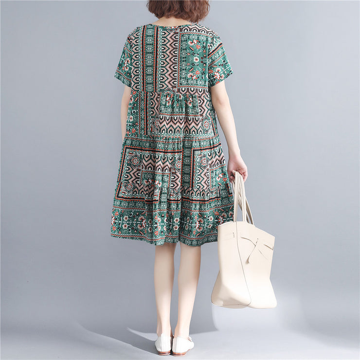 stilvolle bedruckte Baumwoll-Leinen-Kleider Plus-Size-Kurzarm-Baggy-Kleider Feine Baumwoll-Leinen-Kleider mit O-Ausschnitt