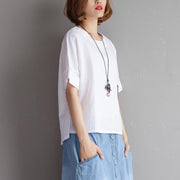 stylish pure cotton linen blouse oversized Embroidery High-low Hem Summer Short Sleeve White Blouse